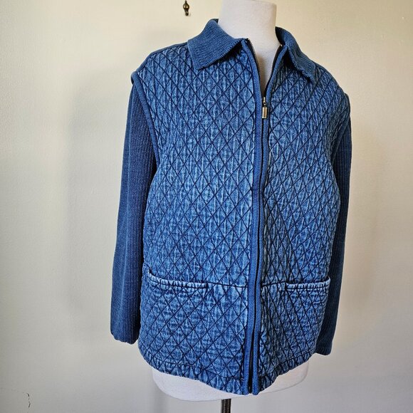 Vintage 90s Y2K Blast Indigo Blue Quilted Body Knit Sleeves Zip Jacket Sweater L - Picture 3 of 9